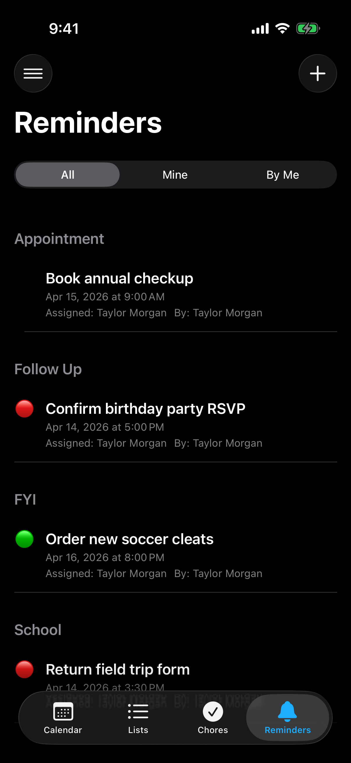 Berg App reminders screen