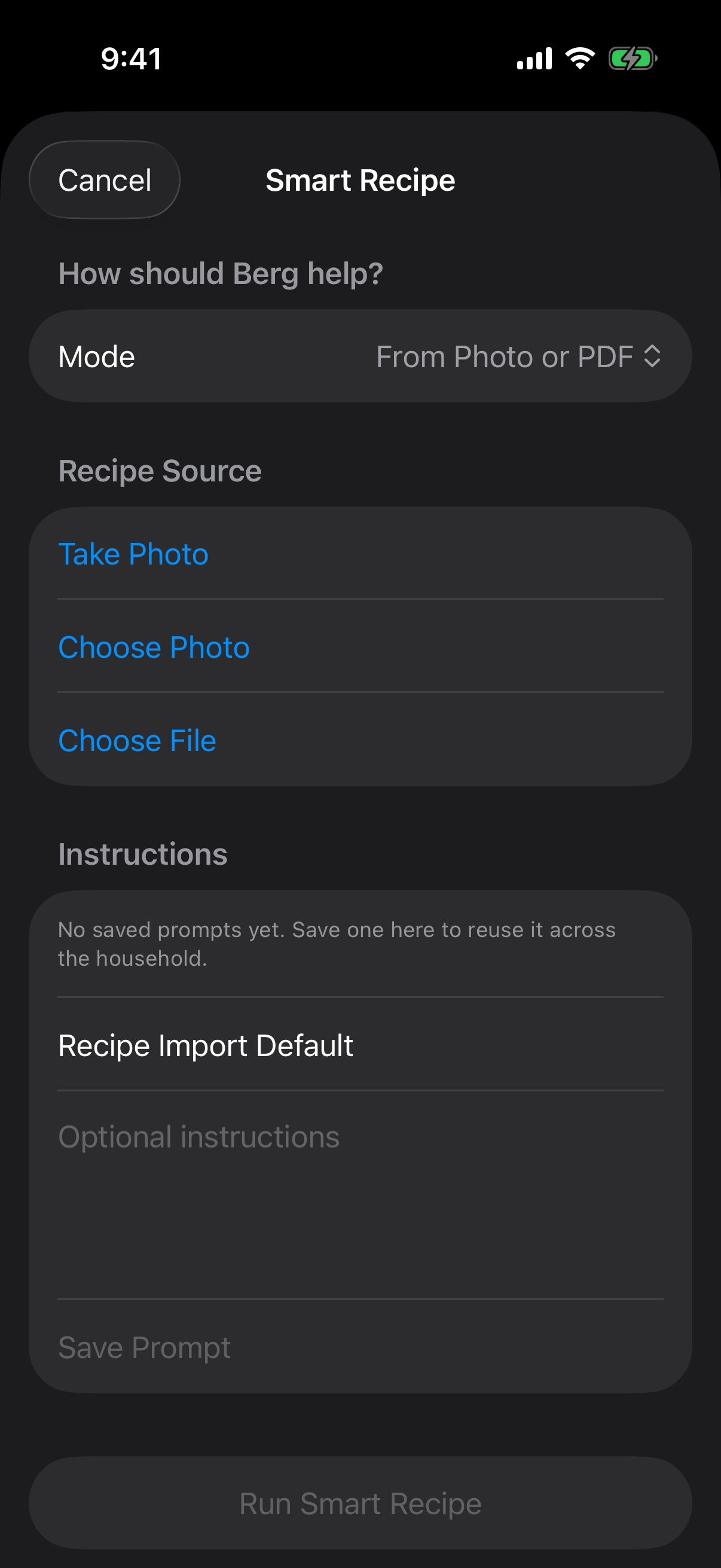 Berg App Smart Recipe screen