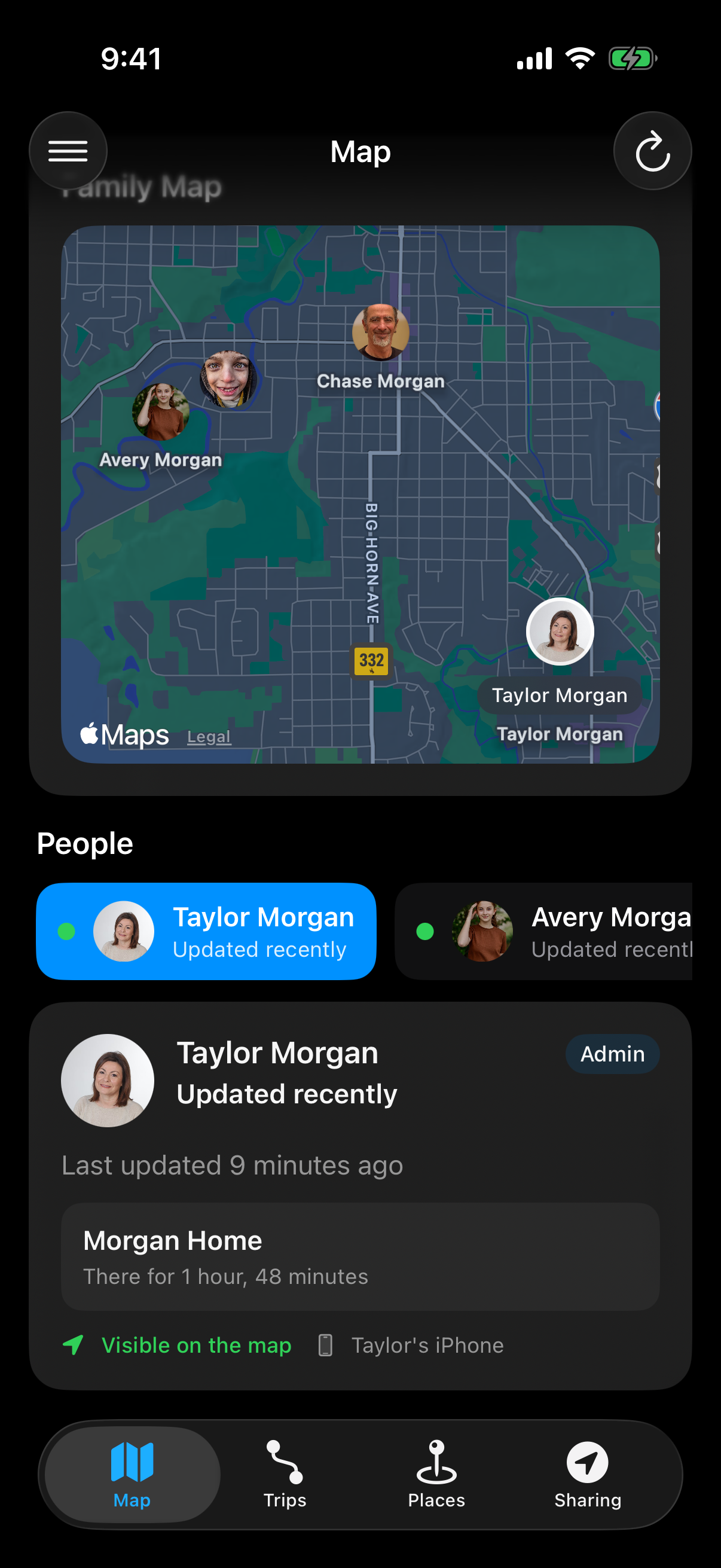 Berg App locations map with multiple household members