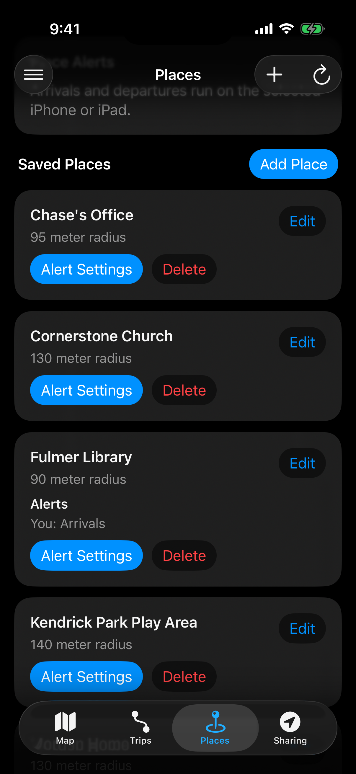 Berg App places screen with saved place activity