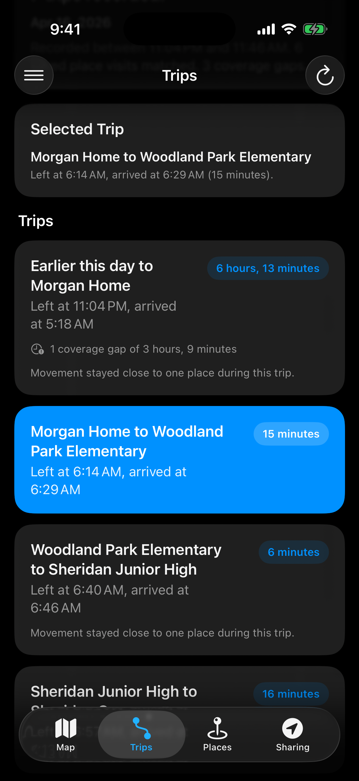 Berg App route history screen