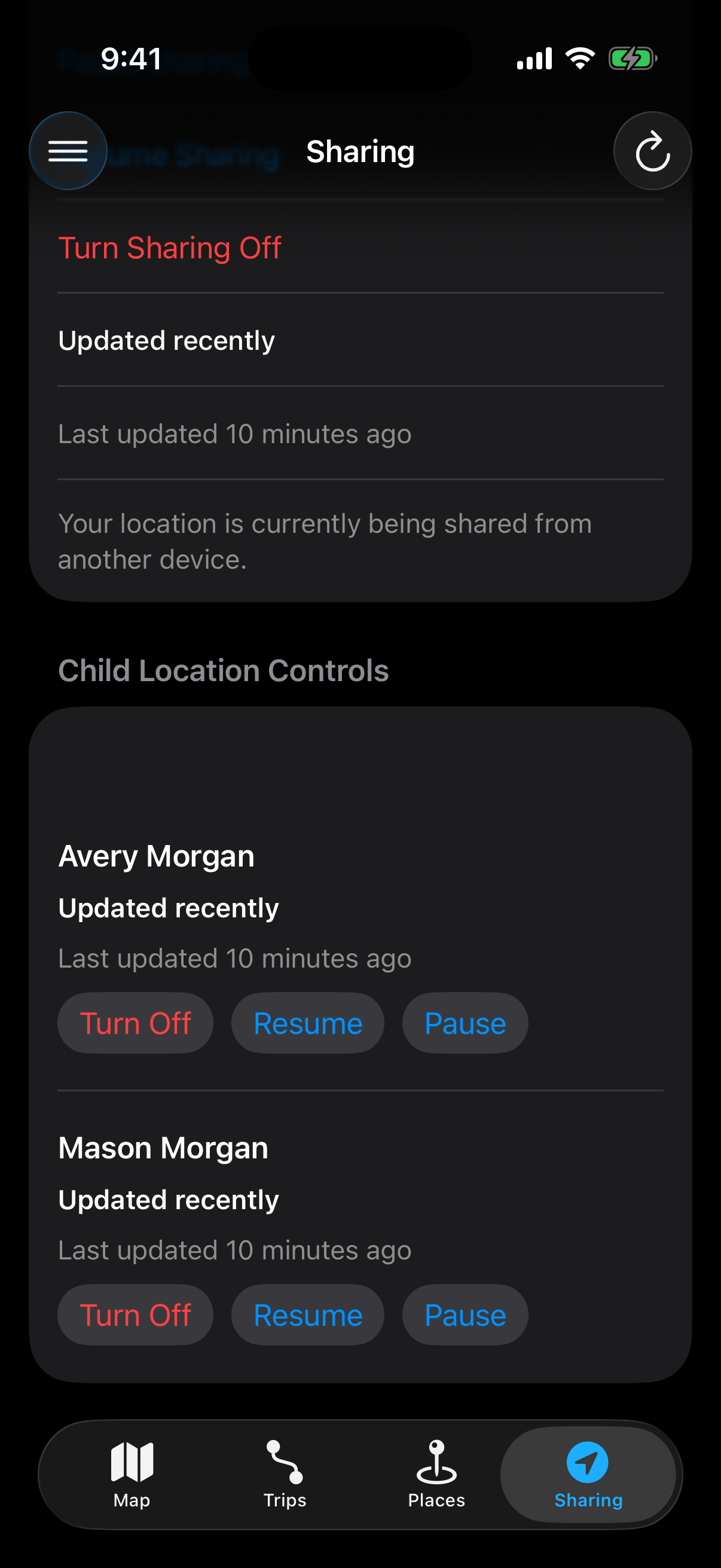 Berg App sharing screen with child location controls