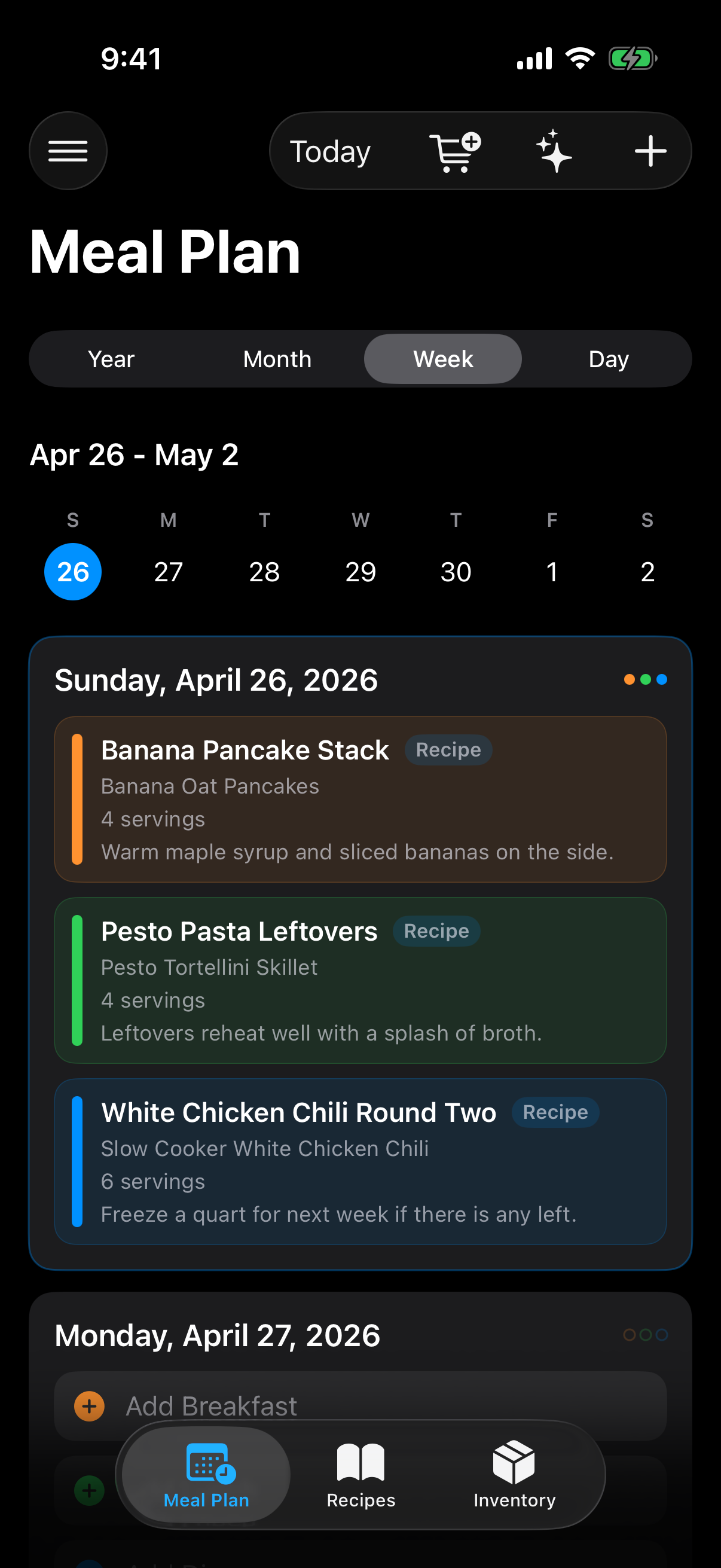 Berg App meal plan screen showing breakfast, lunch, and dinner entries