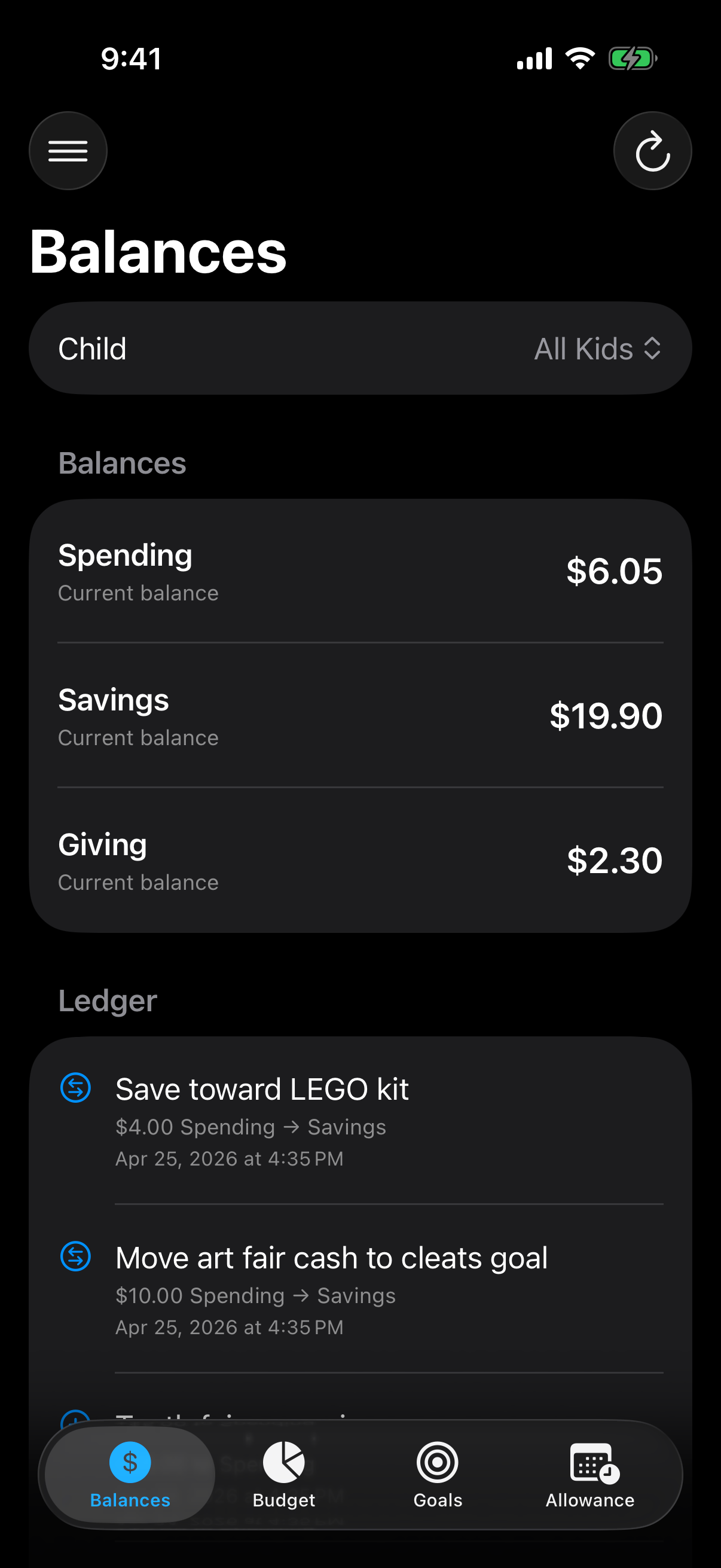 Berg App Money balances screen showing child balances and recent activity
