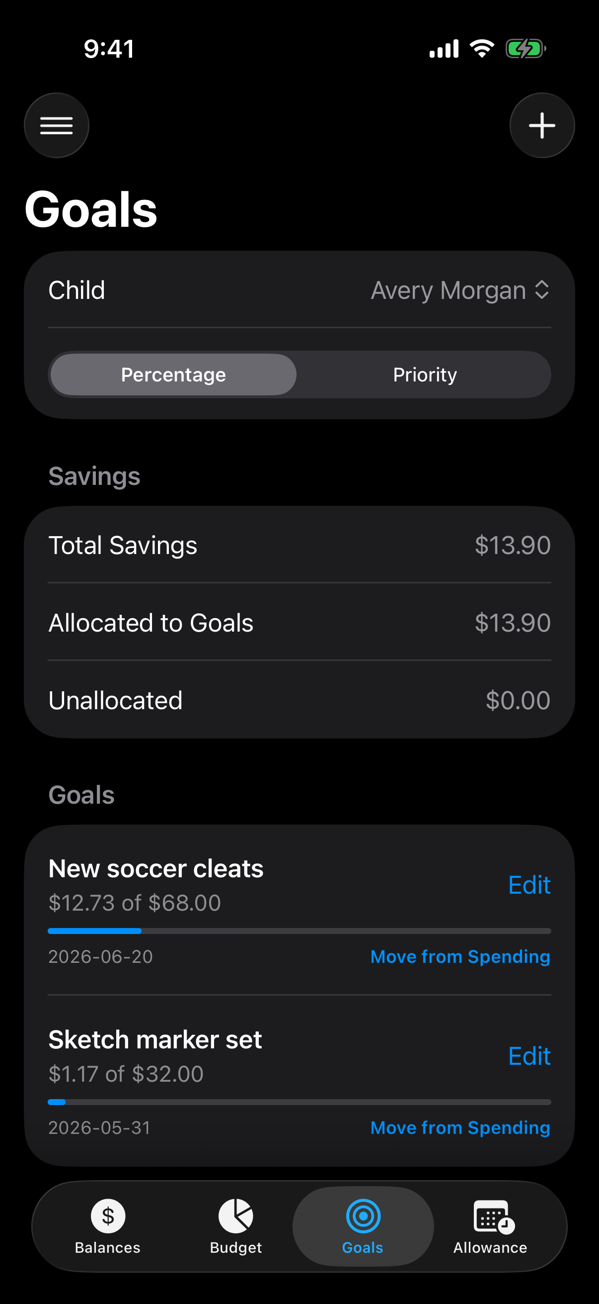 Berg App Money goals screen showing savings goals