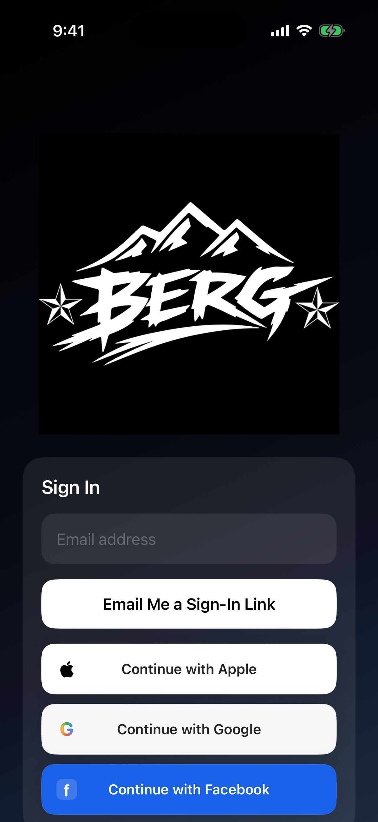 Berg App onboarding and sign-in screen